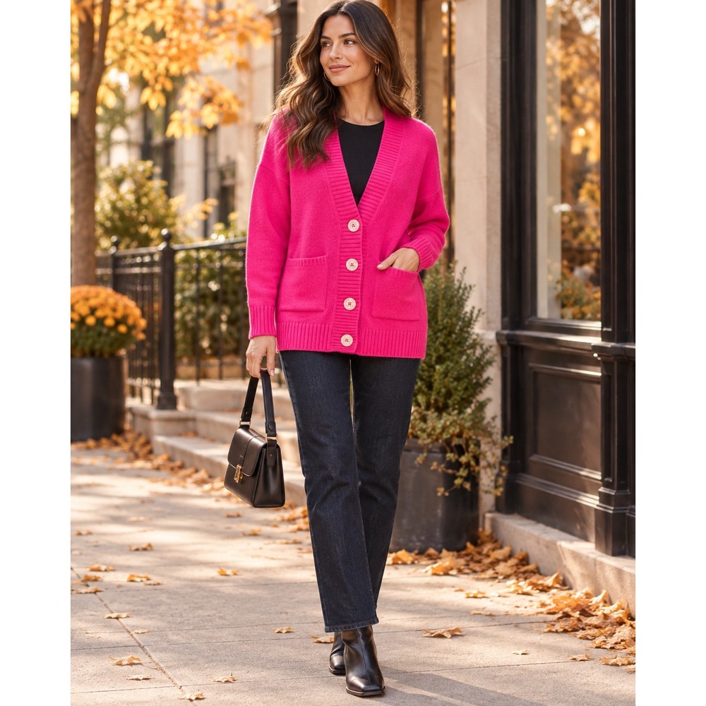 Filoro Hot Pink Cashmere Cardigan XS Barbiecore Dopamine Preppy Grandpacore